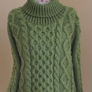Hand Knit olive green cable turtleneck sweater